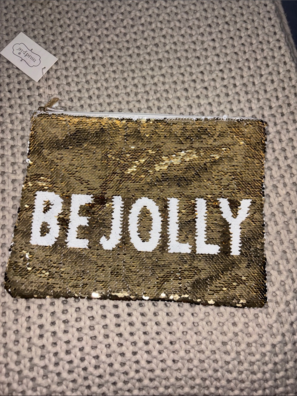 Mud Pie Gold Sequin 'BE JOLLY' Zip Pouch L 12 x 9.5